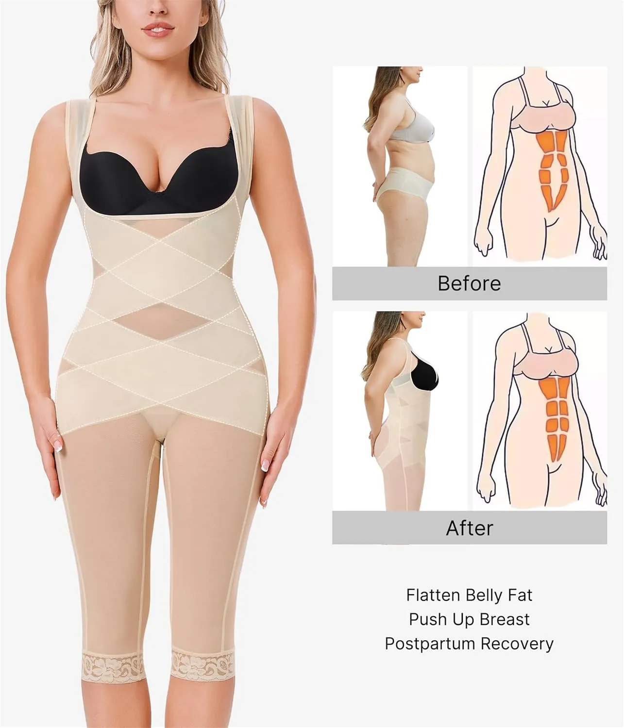 Nebility Bodysuit for Women Tummy Control Shapewear Faja Body Shaper Waist Trainer Open Bust Mid-Thigh Bodysuit