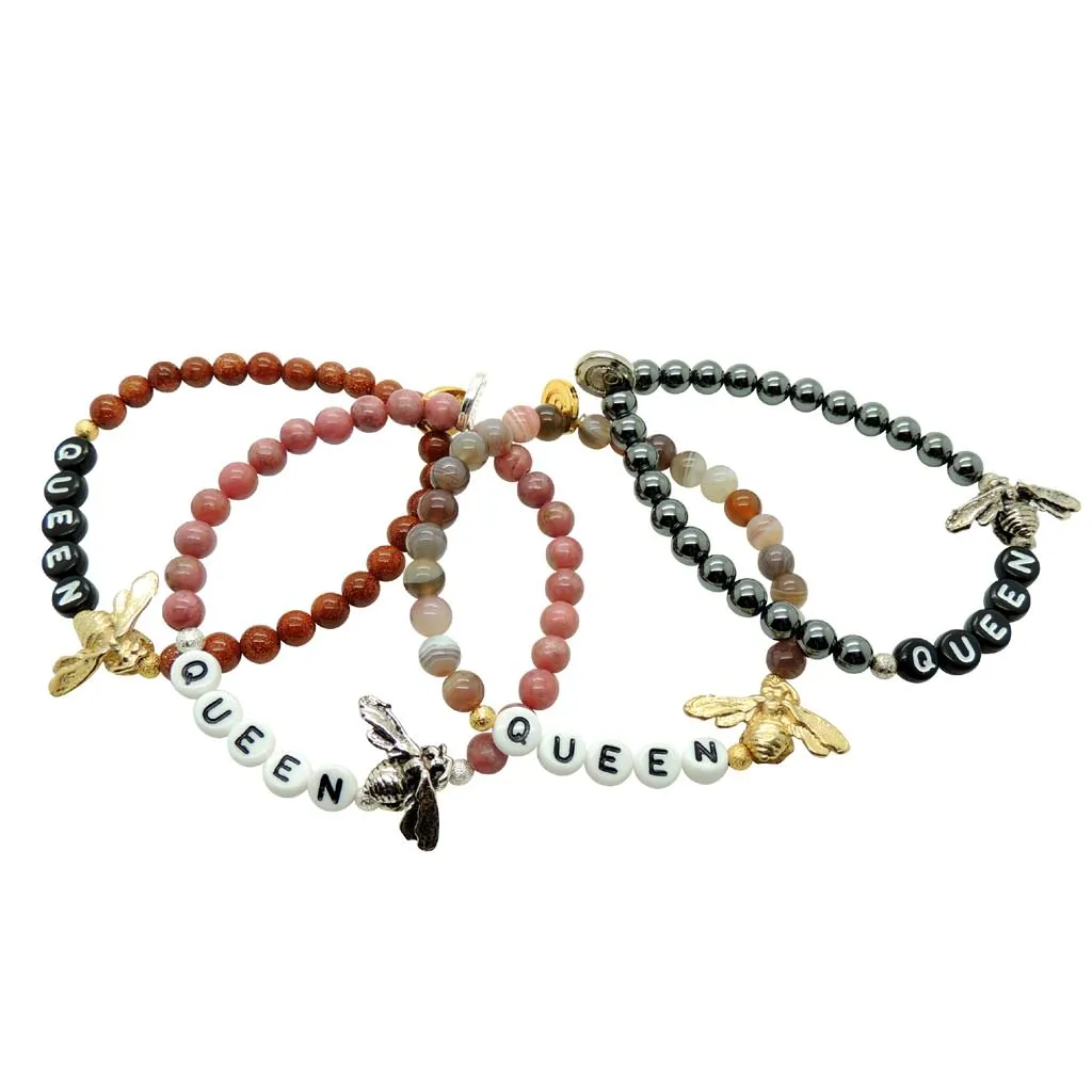 Queen Bee Alphabet Charm Gemstone Bead Bracelet