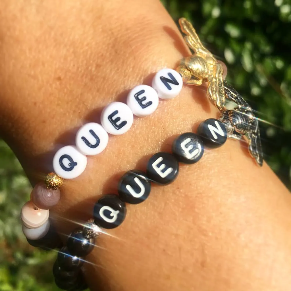 Queen Bee Alphabet Charm Gemstone Bead Bracelet