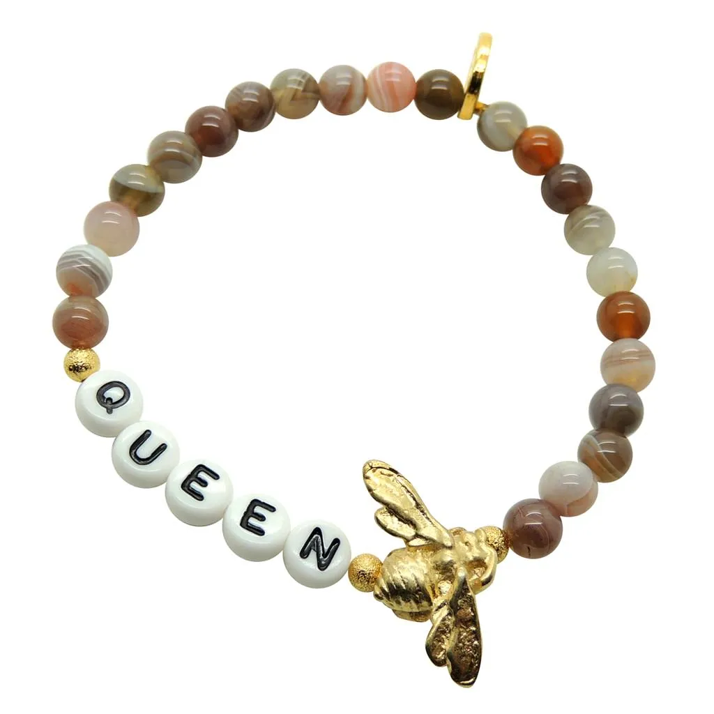 Queen Bee Alphabet Charm Gemstone Bead Bracelet