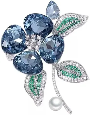 Rhinestone Blue Bloom Flower Brooch Pin for Women Vintage Crystal Pearl Floral Brooches Lapel Pins Banquet Decor Dress Clothes Accessories Wedding Corsage Holiday Party Jewelry for Her Girlfriend