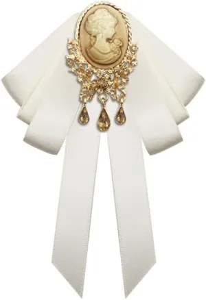 Rhinestone Victorian Cameo Brooch Pin for Women Girls Vintage Gothic Charms Drop with Silk Ribbon Bow Tie Brooches Lapel Pins Retro 80s 90s Dress Accessories Christmas Winter Party Jewelry