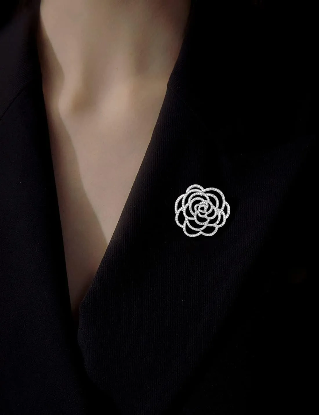 Sparkling Crystal Cut Rose Flower Pave Crystal Camellia Boutonniere Pin Brooch Corsage Blooming Heart Shaped Floral Jewelry for Women
