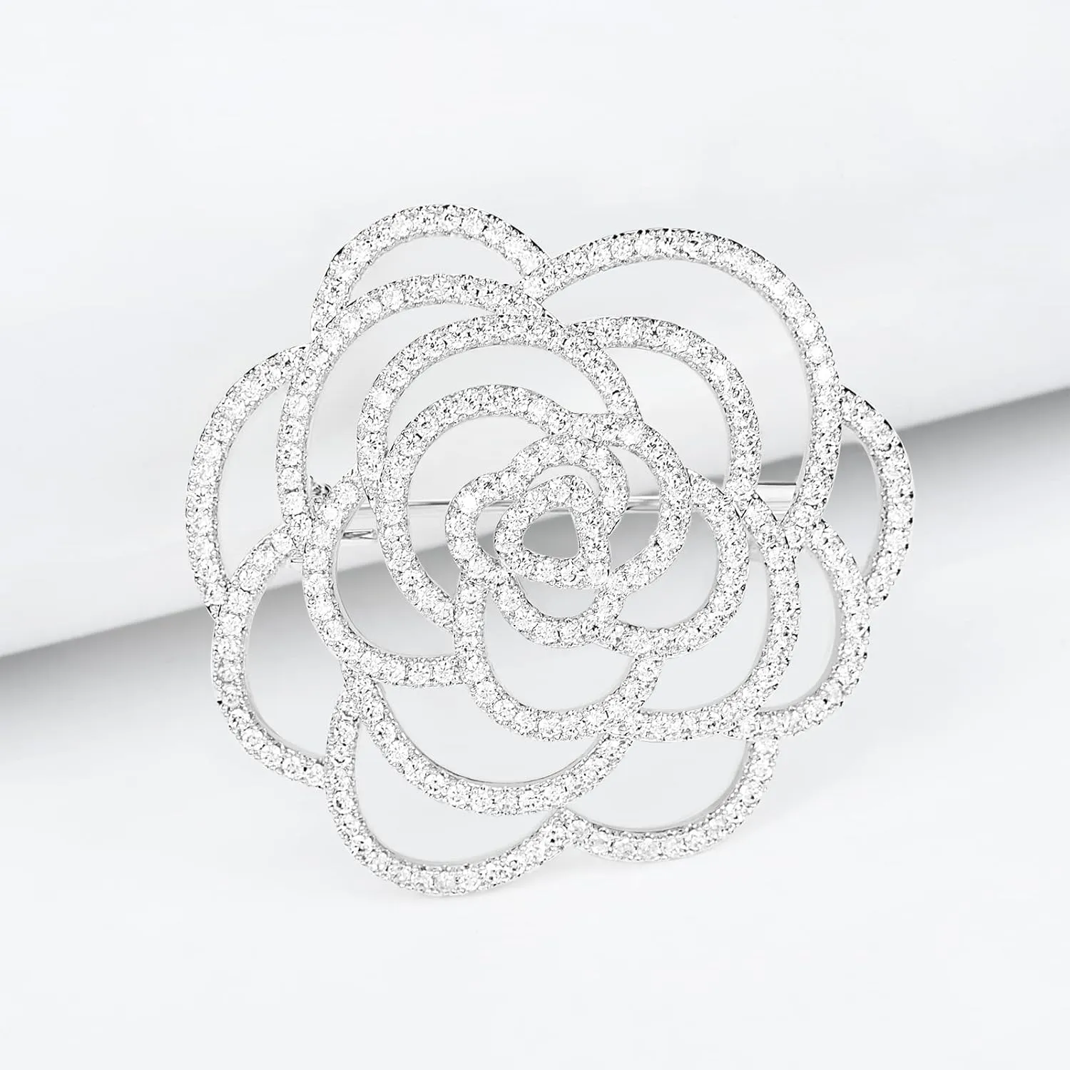 Sparkling Crystal Cut Rose Flower Pave Crystal Camellia Boutonniere Pin Brooch Corsage Blooming Heart Shaped Floral Jewelry for Women