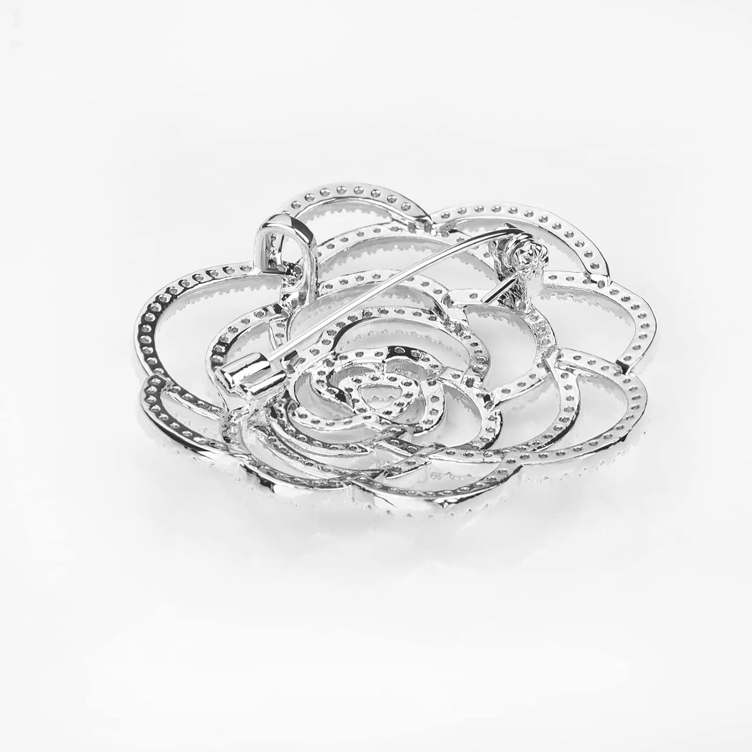 Sparkling Crystal Cut Rose Flower Pave Crystal Camellia Boutonniere Pin Brooch Corsage Blooming Heart Shaped Floral Jewelry for Women