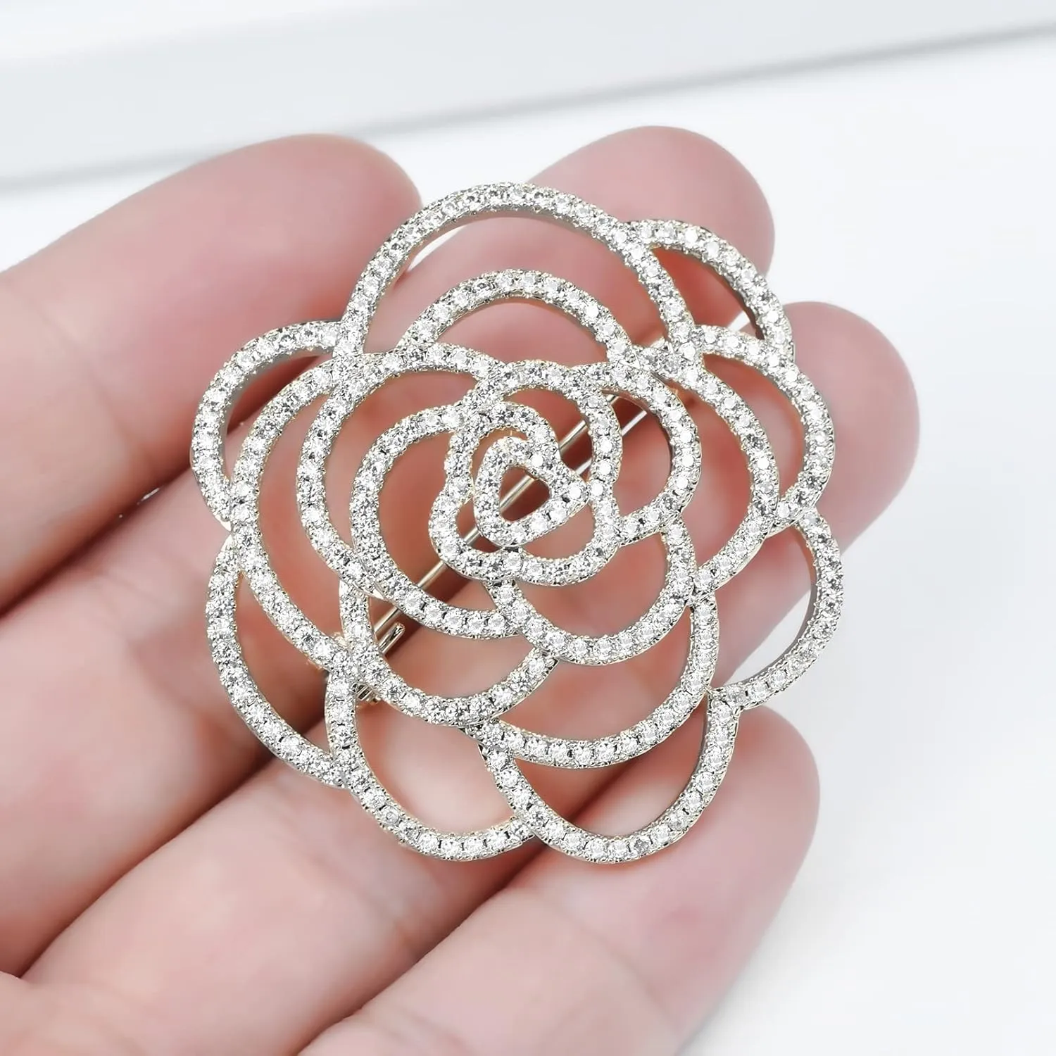 Sparkling Crystal Cut Rose Flower Pave Crystal Camellia Boutonniere Pin Brooch Corsage Blooming Heart Shaped Floral Jewelry for Women