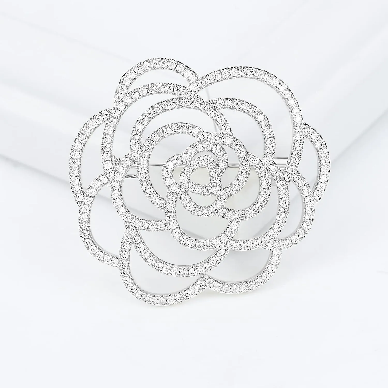 Sparkling Crystal Cut Rose Flower Pave Crystal Camellia Boutonniere Pin Brooch Corsage Blooming Heart Shaped Floral Jewelry for Women