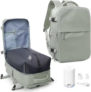 suwasp Vacuum Compression Backpack, 45L Expandable Travel Backpack with Electric Vacpack Pump, Travel Vacuum Bags with Shoe Compartment/17inch Laptop Compartment/USB Port, Glassgreen