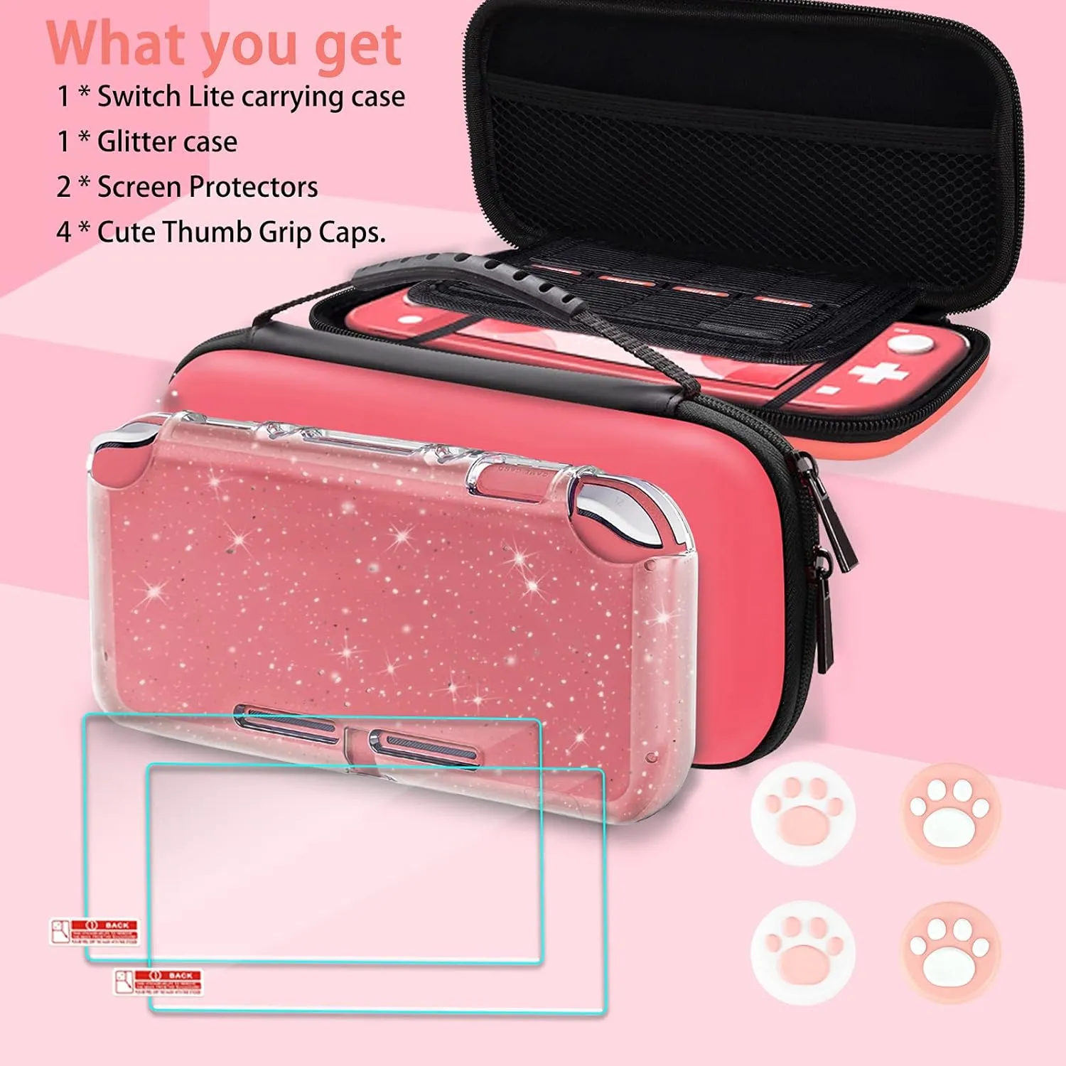 TIKOdirect Carrying Case for Nintendo Switch lite,Shockproof Portable Travel Bag with Large Storage, Glitter Galaxy cover, Screen Protectors, Cute Cat Claw Thumb Grips Caps, Coral