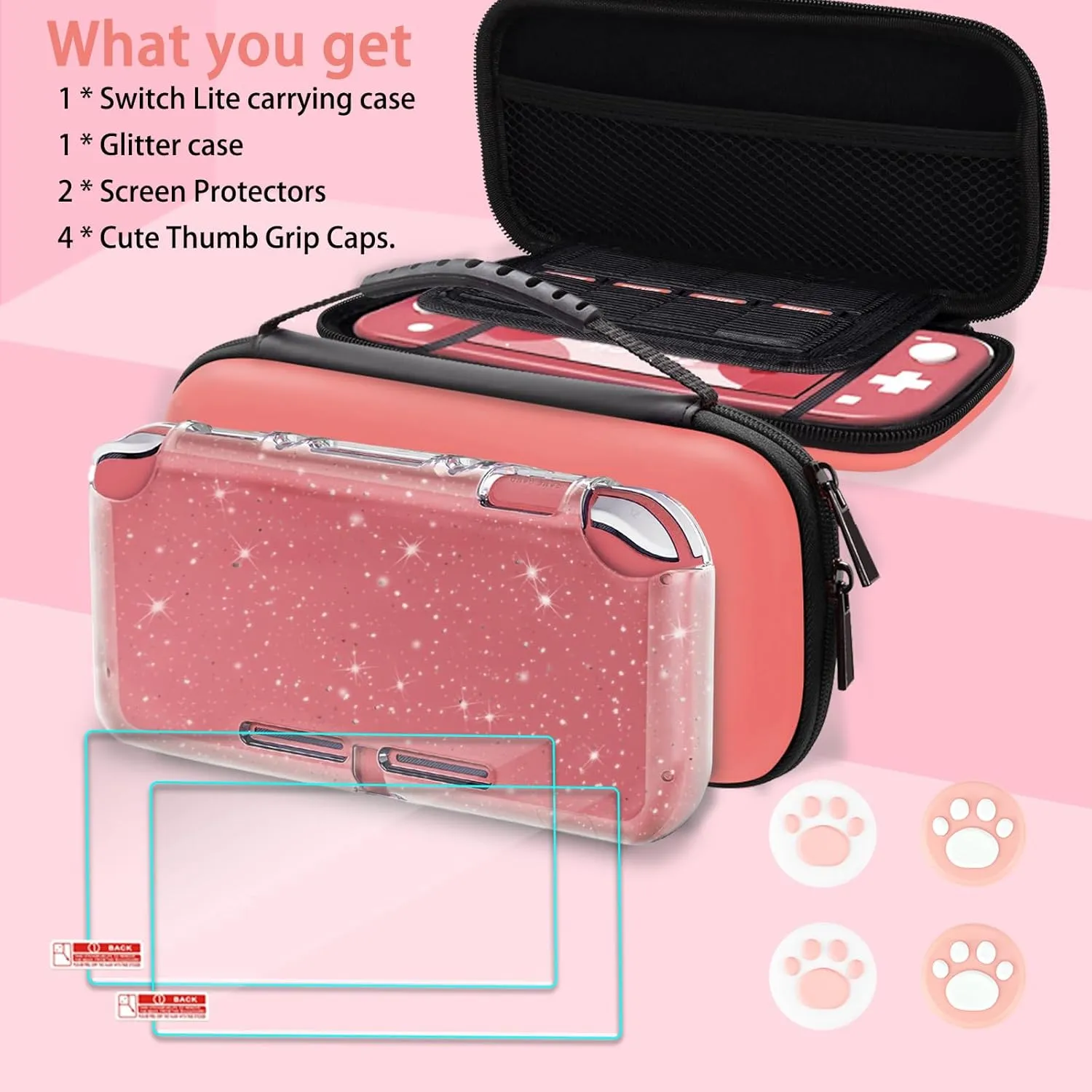 TIKOdirect Carrying Case for Nintendo Switch lite,Shockproof Portable Travel Bag with Large Storage, Glitter Galaxy cover, Screen Protectors, Cute Cat Claw Thumb Grips Caps, Coral