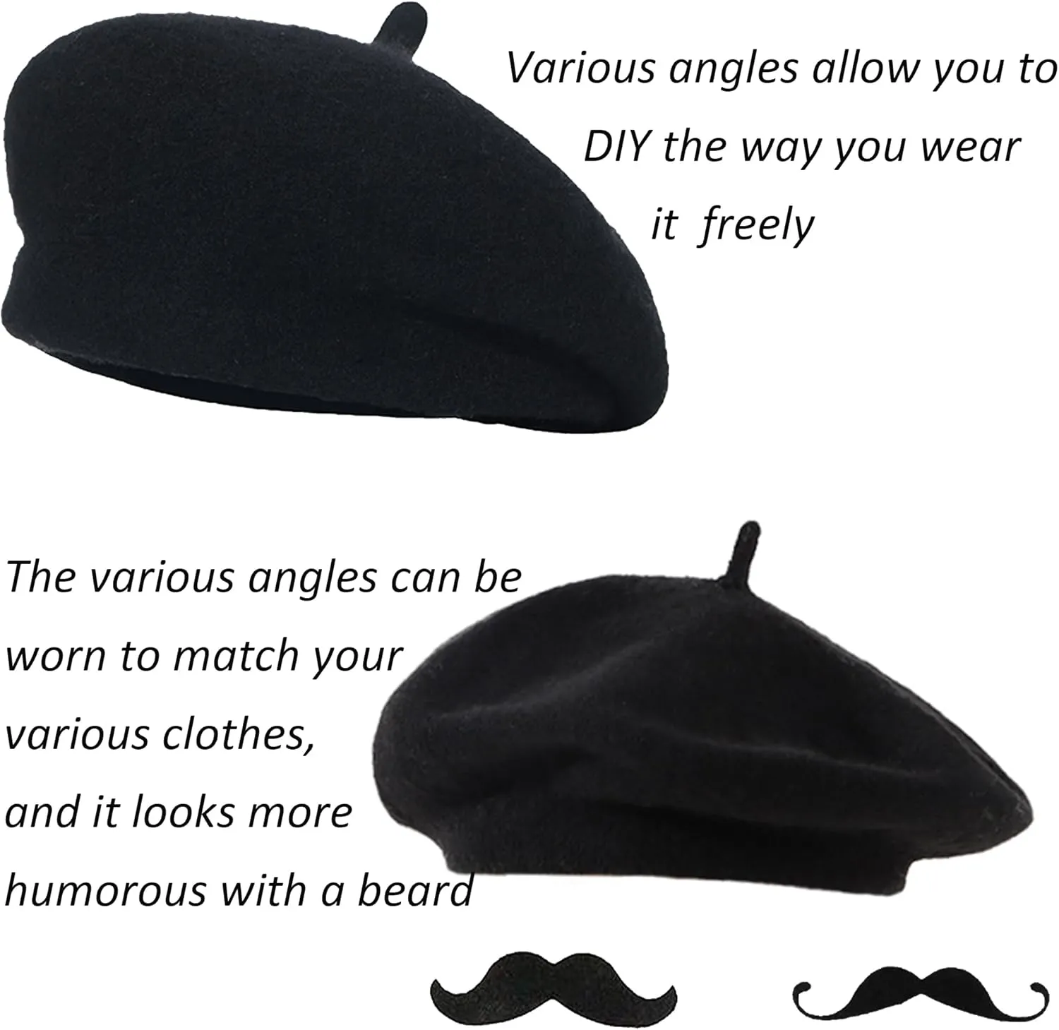 UTOWO Women French Beret Men Classic Stretchable Solid Beanie with Fake Mustaches for Halloween-Mime Cosplay Accessory