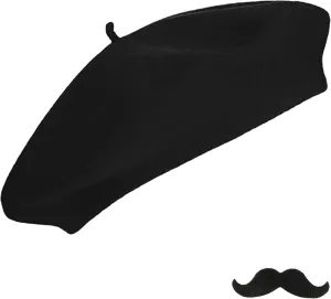UTOWO Women French Beret Men Classic Stretchable Solid Beanie with Fake Mustaches for Halloween-Mime Cosplay Accessory