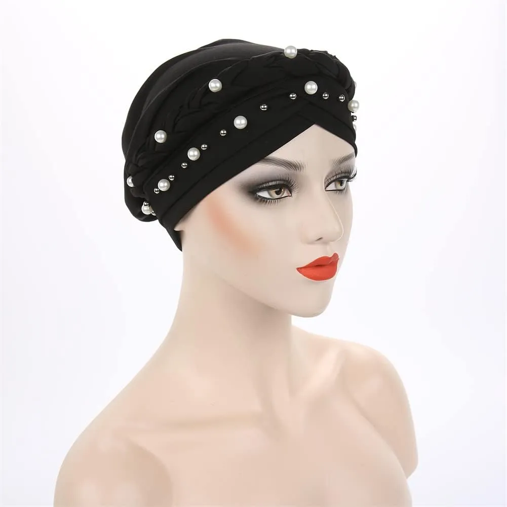 Women Pearl Beaded Braid Hijab Turban Hat Twisted Cancer Headscarf Chemo Beanies Bandana Headwrap Cap