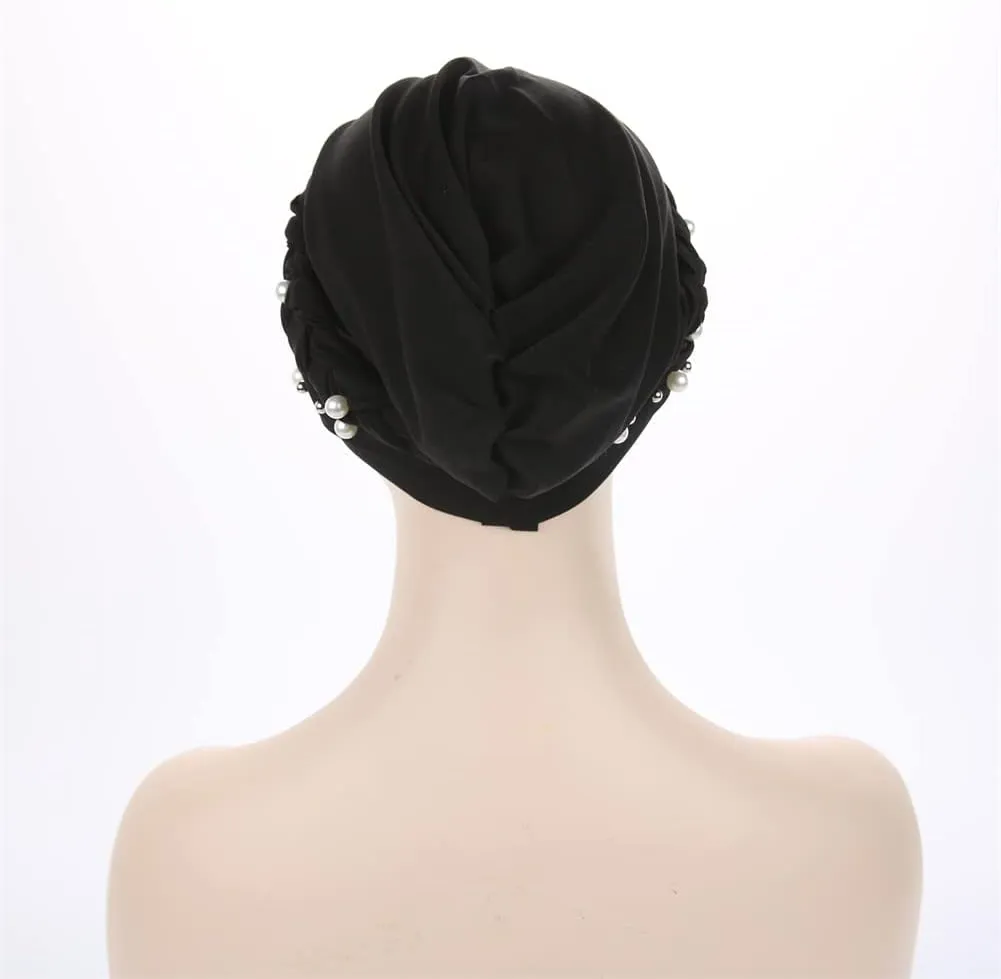 Women Pearl Beaded Braid Hijab Turban Hat Twisted Cancer Headscarf Chemo Beanies Bandana Headwrap Cap