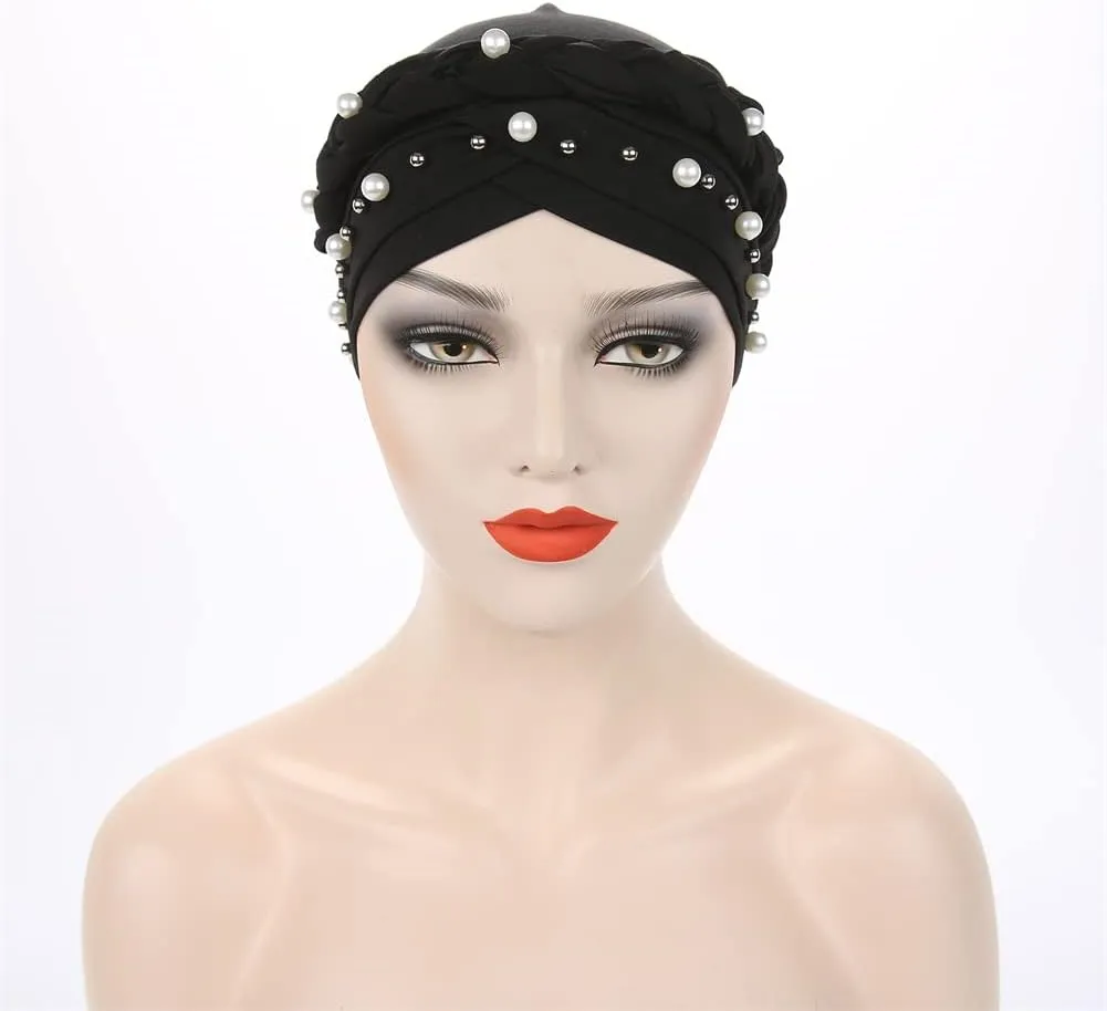 Women Pearl Beaded Braid Hijab Turban Hat Twisted Cancer Headscarf Chemo Beanies Bandana Headwrap Cap