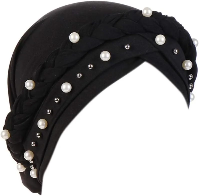 Women Pearl Beaded Braid Hijab Turban Hat Twisted Cancer Headscarf Chemo Beanies Bandana Headwrap Cap