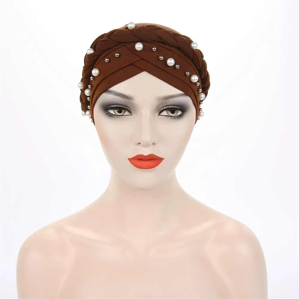 Women Pearl Beaded Braid Hijab Turban Hat Twisted Cancer Headscarf Chemo Beanies Bandana Headwrap Cap