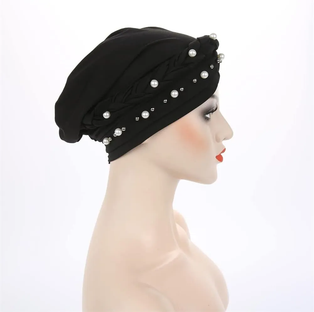 Women Pearl Beaded Braid Hijab Turban Hat Twisted Cancer Headscarf Chemo Beanies Bandana Headwrap Cap