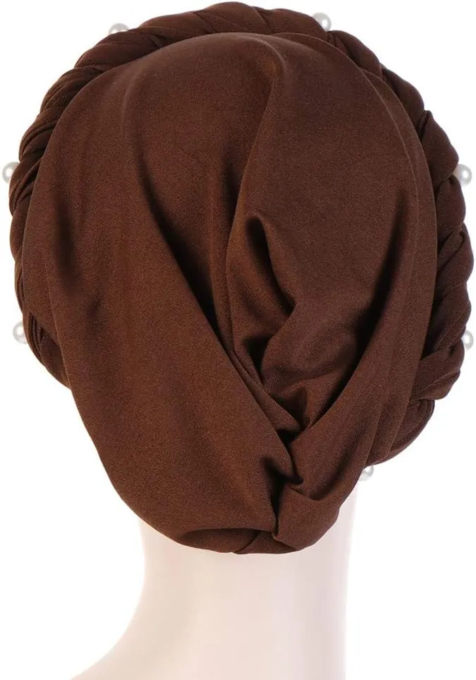 Women Pearl Beaded Braid Hijab Turban Hat Twisted Cancer Headscarf Chemo Beanies Bandana Headwrap Cap