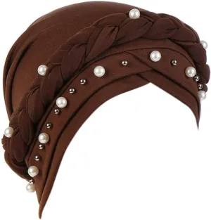 Women Pearl Beaded Braid Hijab Turban Hat Twisted Cancer Headscarf Chemo Beanies Bandana Headwrap Cap