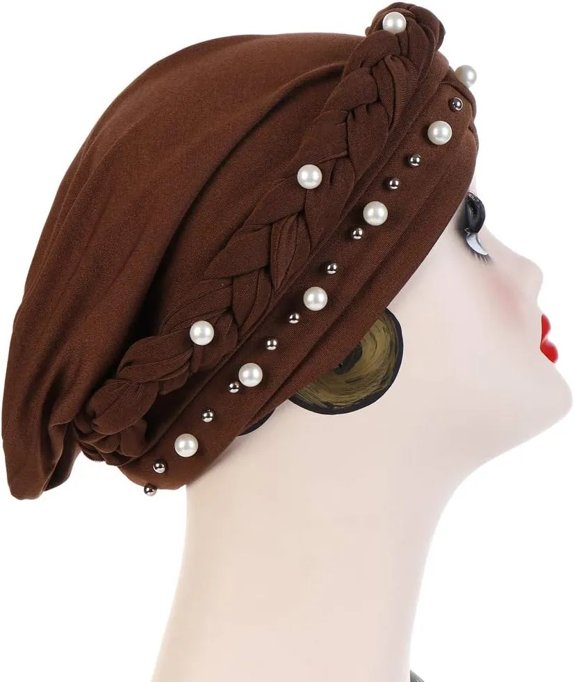 Women Pearl Beaded Braid Hijab Turban Hat Twisted Cancer Headscarf Chemo Beanies Bandana Headwrap Cap