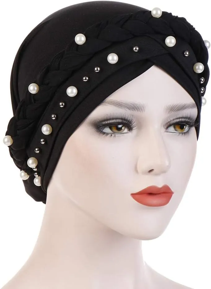 Women Pearl Beaded Braid Hijab Turban Hat Twisted Cancer Headscarf Chemo Beanies Bandana Headwrap Cap