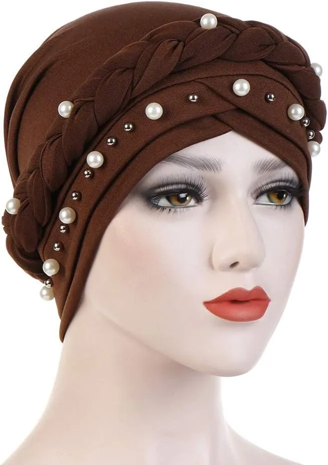 Women Pearl Beaded Braid Hijab Turban Hat Twisted Cancer Headscarf Chemo Beanies Bandana Headwrap Cap