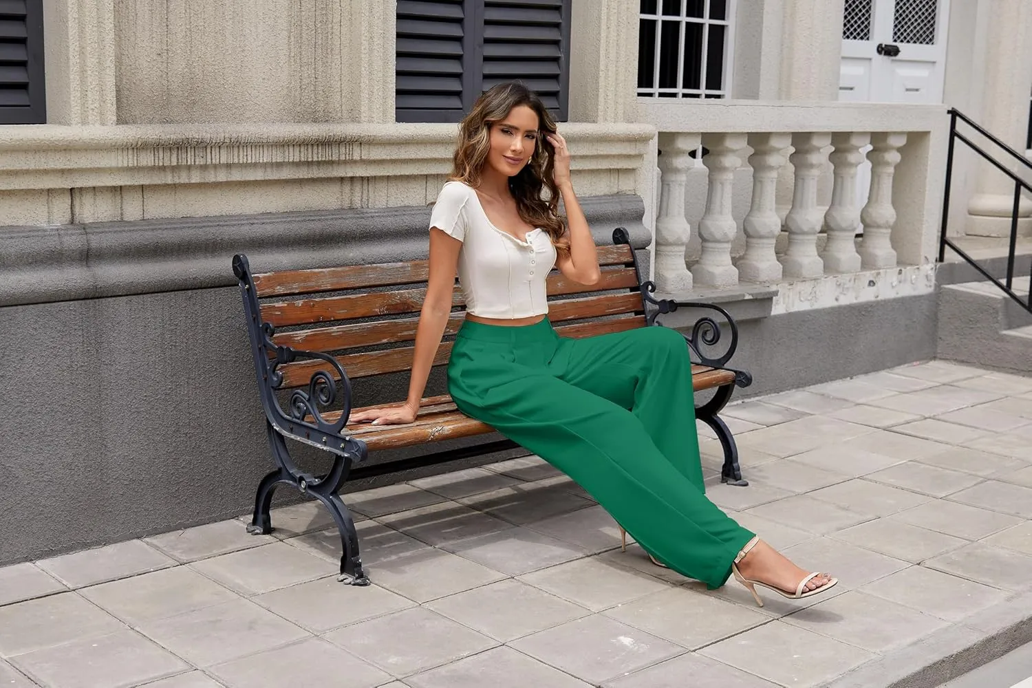 Women Wide Leg High Waist Wide Leg Pants Loose Fit Back Elastic Waist Pleated Front Trousers for Work Casual