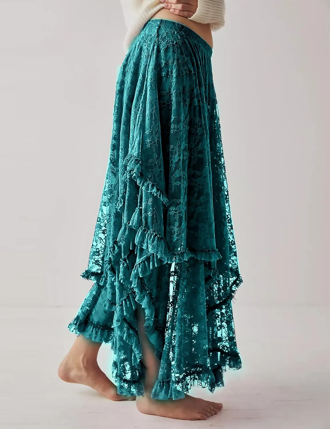 Yimoon Women's Floral Lace Long Skirts Elastic Asymmetrical Layered See-Through Maxi Skirts Sexy Sheer Flowy Beach Skirt