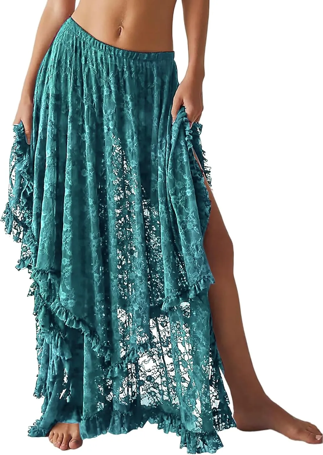 Yimoon Women's Floral Lace Long Skirts Elastic Asymmetrical Layered See-Through Maxi Skirts Sexy Sheer Flowy Beach Skirt