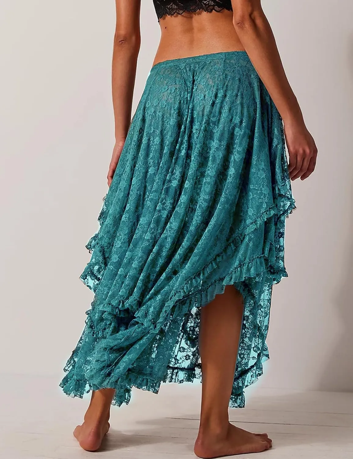Yimoon Women's Floral Lace Long Skirts Elastic Asymmetrical Layered See-Through Maxi Skirts Sexy Sheer Flowy Beach Skirt