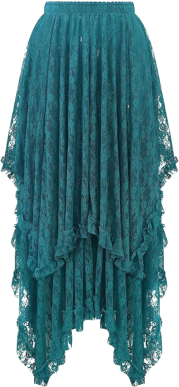 Yimoon Women's Floral Lace Long Skirts Elastic Asymmetrical Layered See-Through Maxi Skirts Sexy Sheer Flowy Beach Skirt