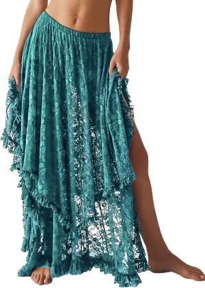 Yimoon Women's Floral Lace Long Skirts Elastic Asymmetrical Layered See-Through Maxi Skirts Sexy Sheer Flowy Beach Skirt
