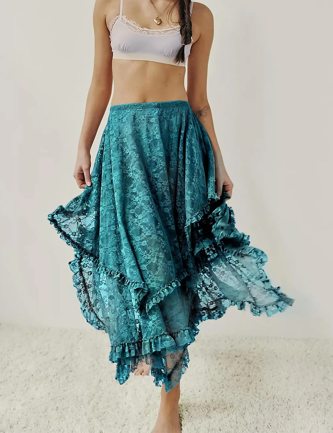 Yimoon Women's Floral Lace Long Skirts Elastic Asymmetrical Layered See-Through Maxi Skirts Sexy Sheer Flowy Beach Skirt